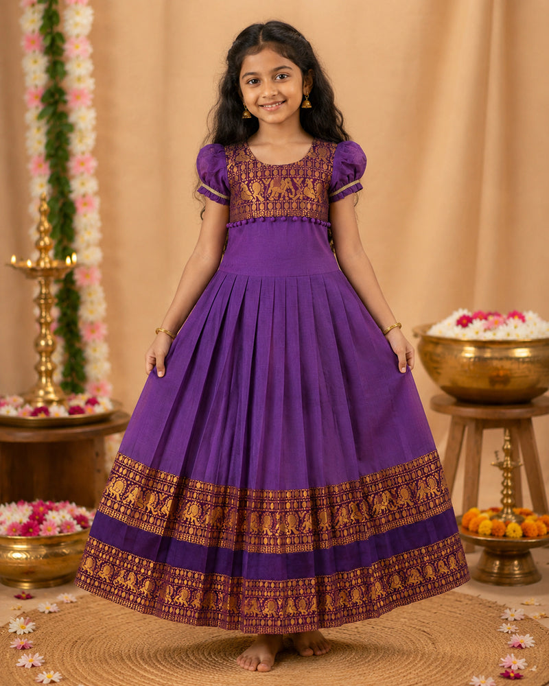 Girls Purple Traditional Pattu Style Frock