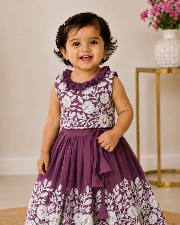 Royal Embroidered Lehenga Set for Girls - Plum Purple