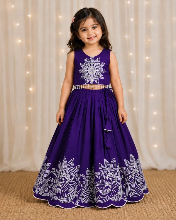 Girls Floral Embroidered Lehenga Choli Set - Deep Purple