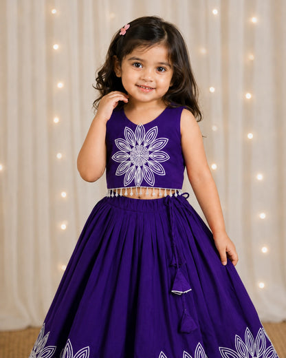 Girls Floral Embroidered Lehenga Choli Set - Deep Purple