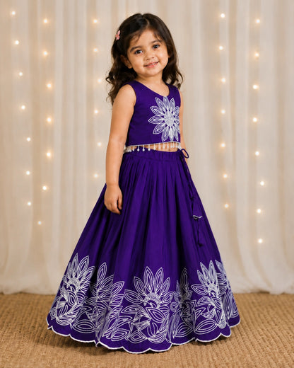 Girls Floral Embroidered Lehenga Choli Set - Deep Purple