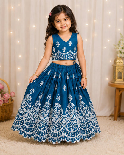 Girls Designer Embroidered Lehenga Choli Set - Teal Blue