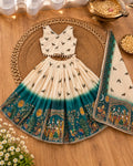 Girls Cream & Teal Printed Lehenga Choli Set with Dupatta