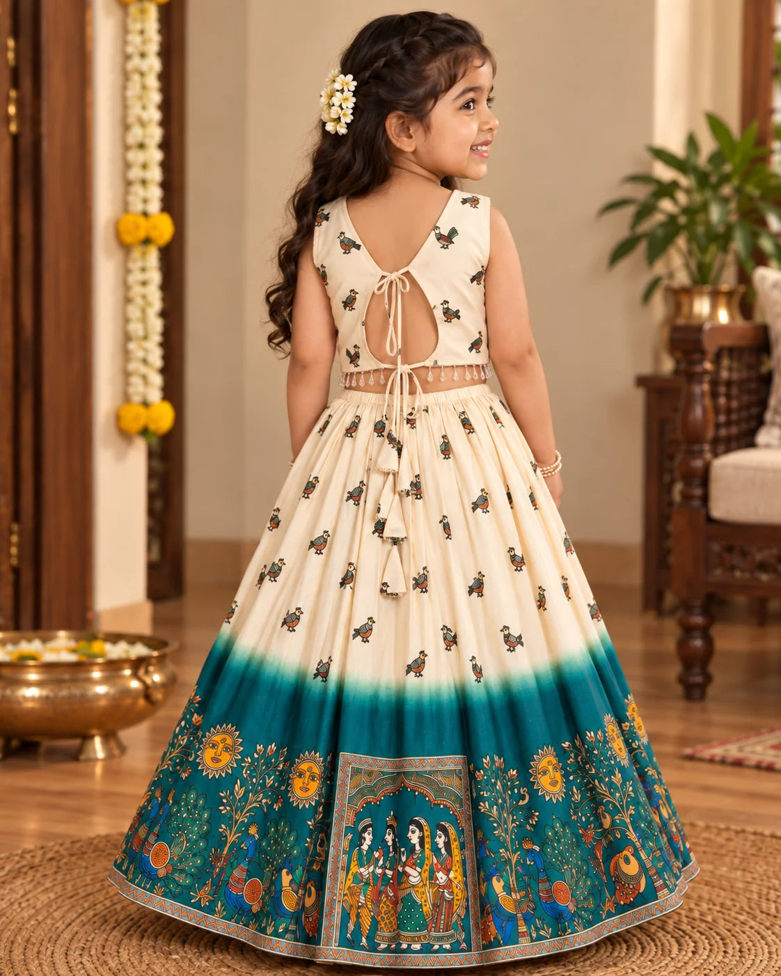 Back view of girl wearing a cream and teal lehenga choli set