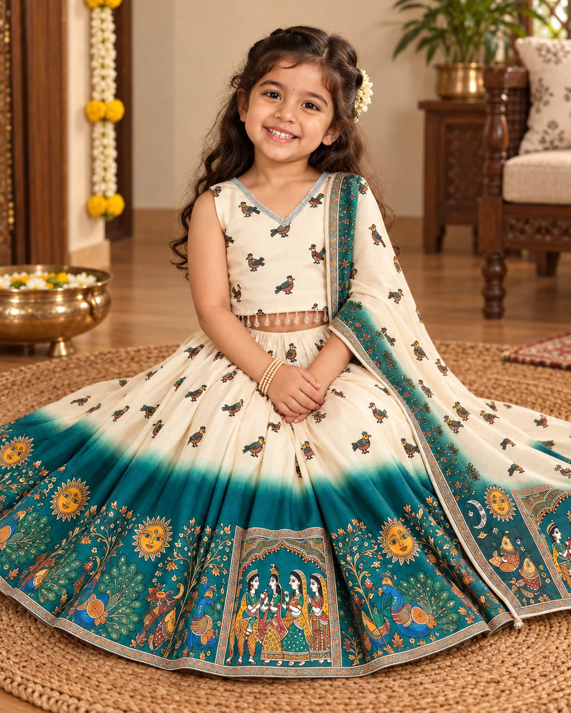 Cream and teal girls lehenga choli set displayed flat