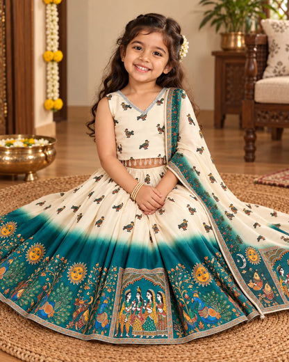 Cream and teal girls lehenga choli set displayed flat