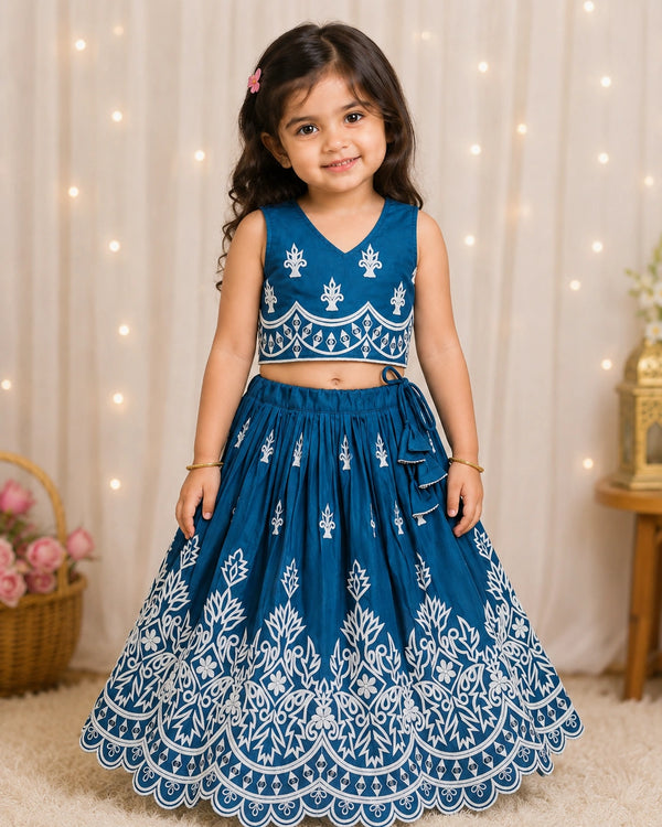 Girls Designer Embroidered Lehenga Choli Set - Teal Blue