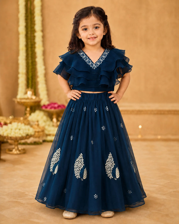 Girls Lehenga Choli Set Layered Ruffle Blouse - Sapphire Blue