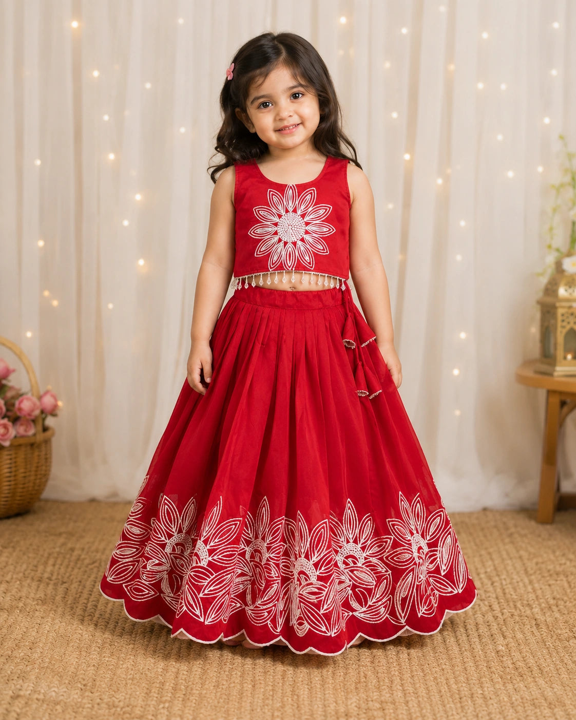 Girls Floral Embroidered Lehenga Choli Set - Ruby Red
