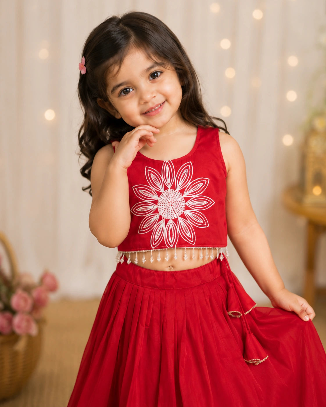 Girls Floral Embroidered Lehenga Choli Set - Ruby Red