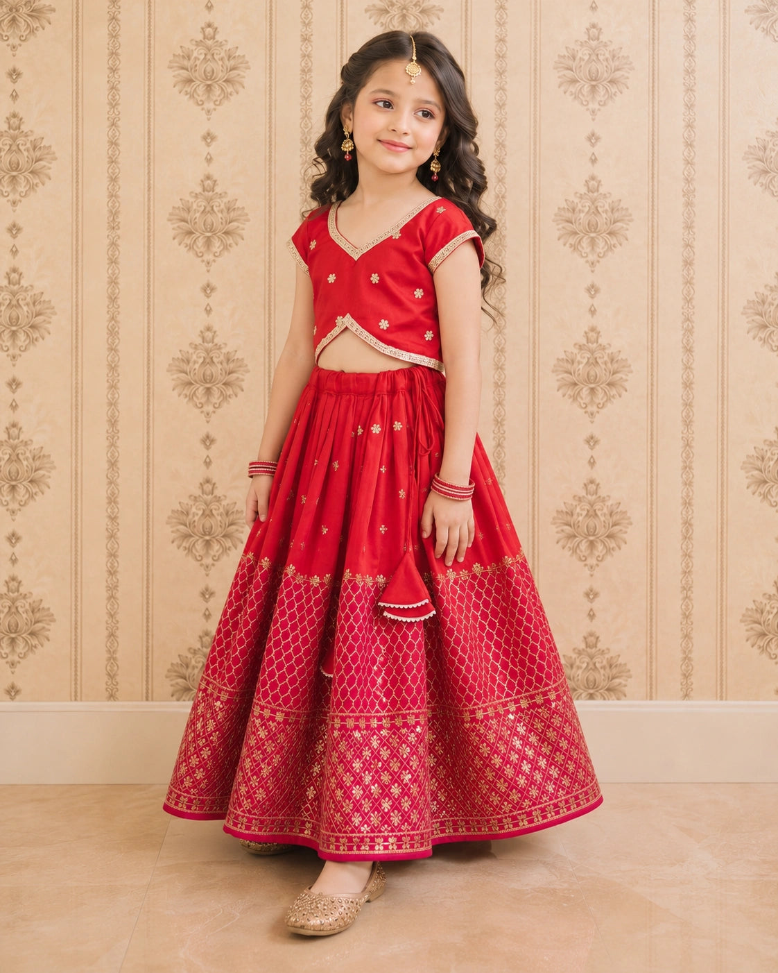 Girls Designer Lehenga Choli Set – Red