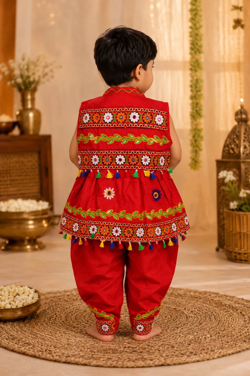 Red Embroidered Kediyu Set for Boys - Back View