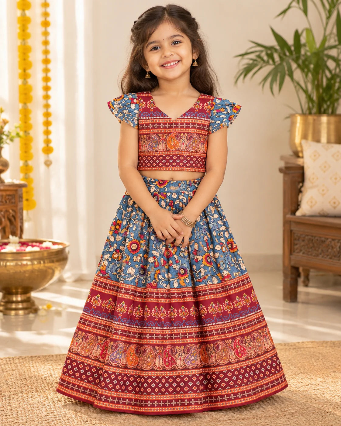 Girl sitting in a blue and red printed lehenga choli set