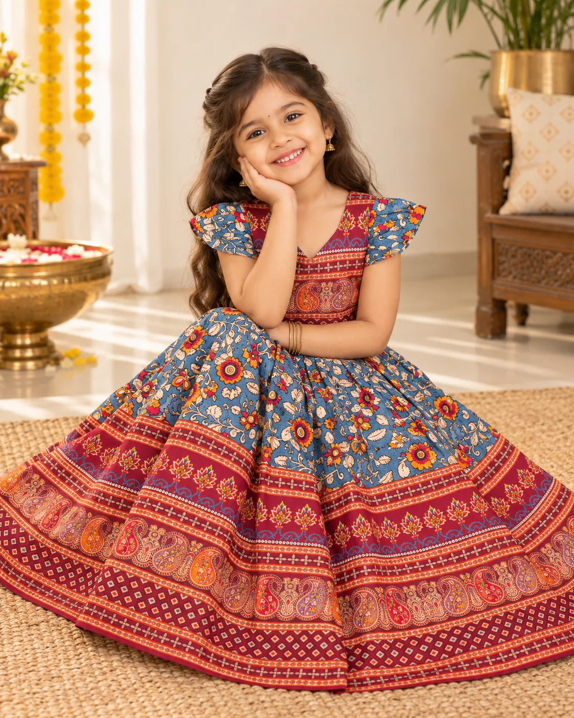 Girl wearing a blue and red printed lehenga choli set