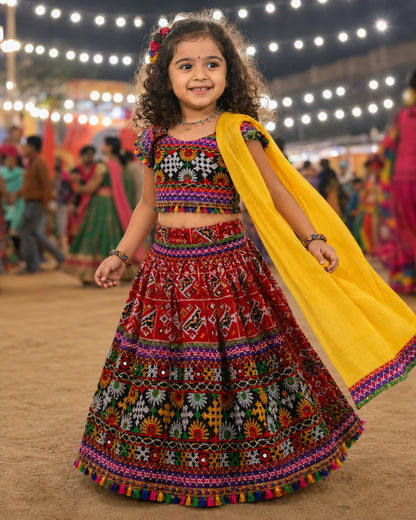 Red Patola Lehenga Choli Set - Girl Back View at Garba