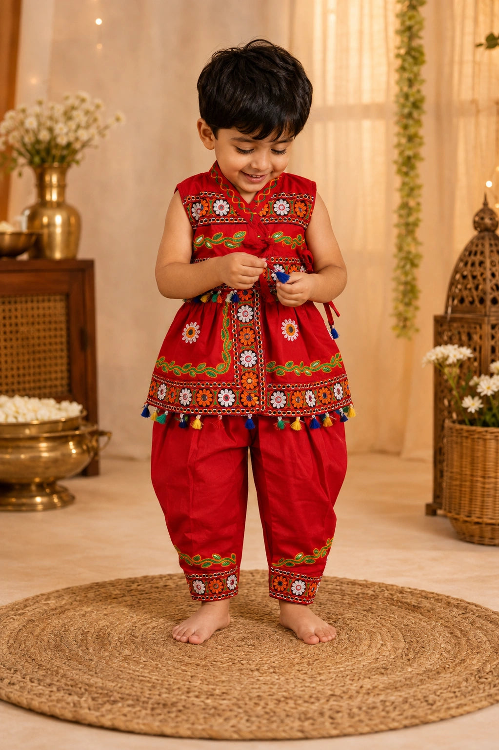 Red Embroidered Kediyu Set for Boys - Flat Lay