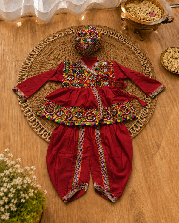 Red Kediyu Dhoti Set with Cap – Flat lay product view