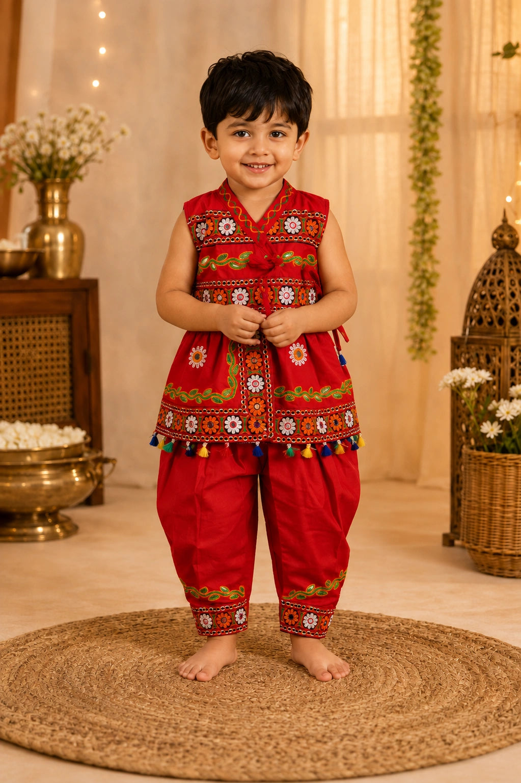 Red Embroidered Kediyu Set for Boys - Candid Shot