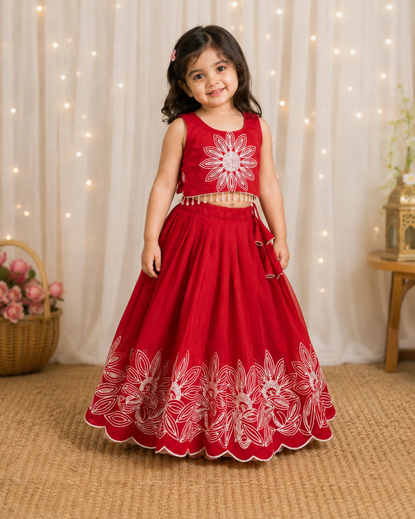 Girls Floral Embroidered Lehenga Choli Set - Ruby Red