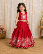 Girls Floral Embroidered Lehenga Choli Set - Ruby Red