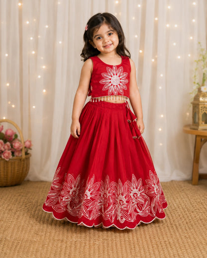 Girls Floral Embroidered Lehenga Choli Set - Ruby Red
