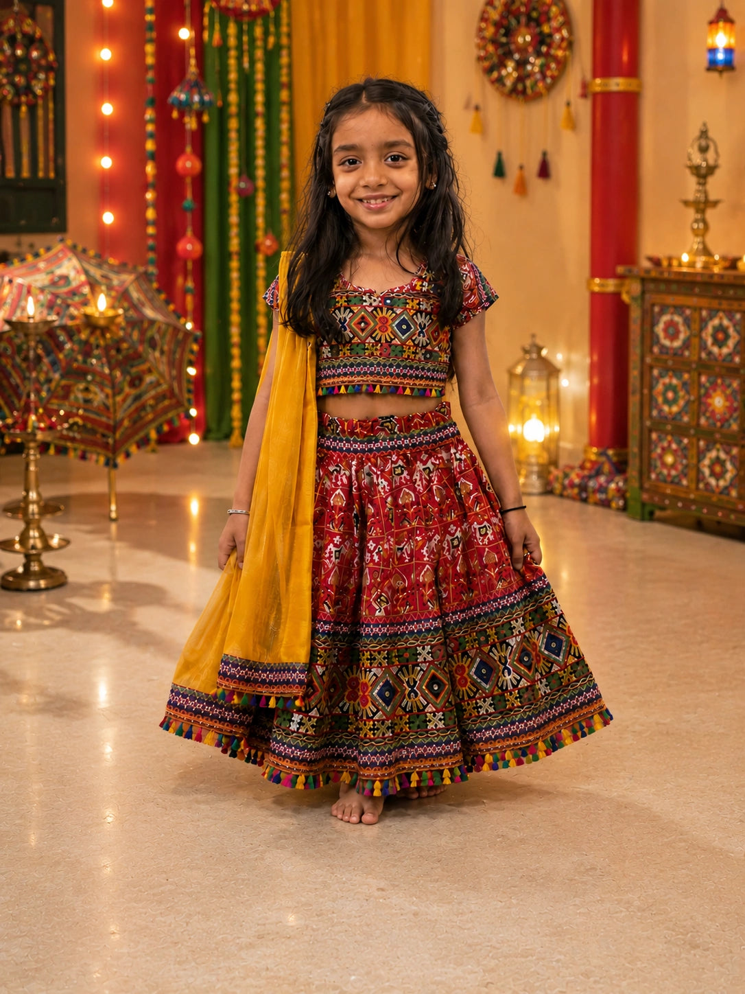 Red Kaju Katri Patola Lehenga Choli - Girl Back View at Festive Night