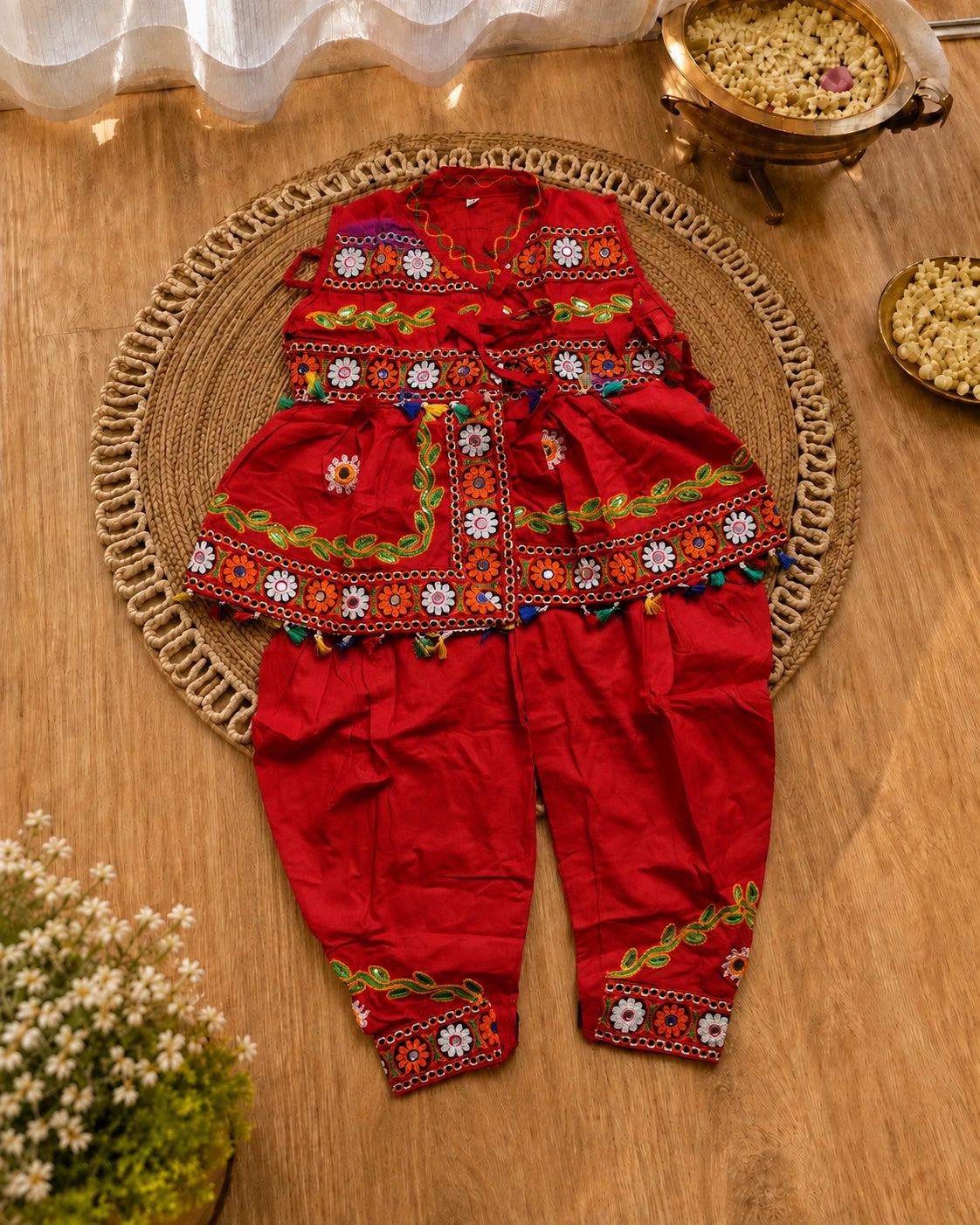 Red Embroidered Kediyu Set for Boys - Front View