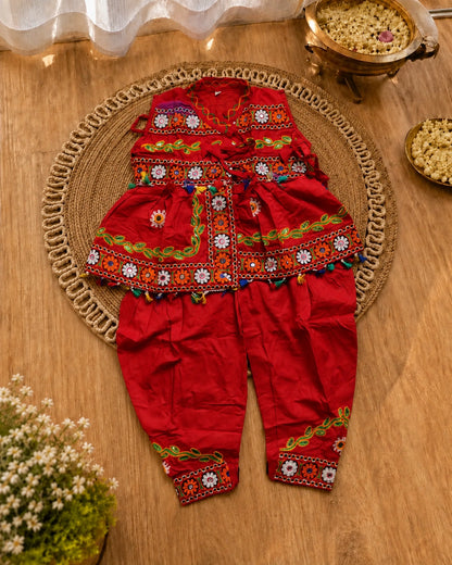 Red Embroidered Kediyu Set for Boys - Front View