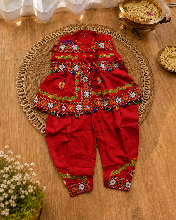 Red Embroidered Kediyu Set for Boys - Front View