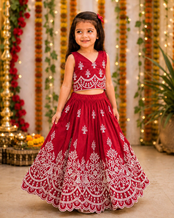 Girls Designer Embroidered Lehenga Choli Set - Ruby Red