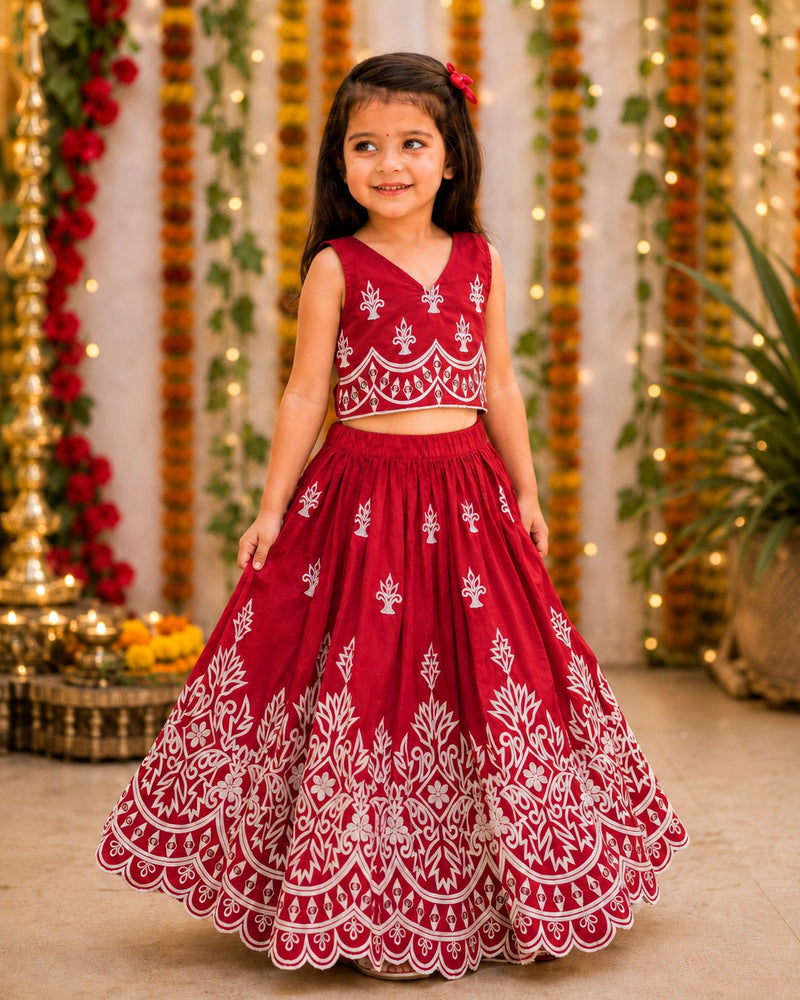 Girls Designer Embroidered Lehenga Choli Set - Ruby Red
