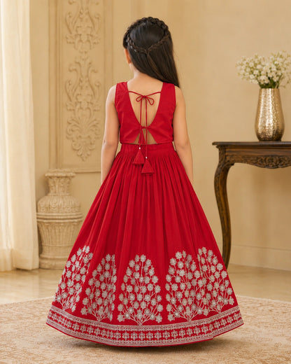 Girls Embroidered Lehenga Choli Set – Red