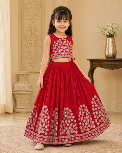 Girls Embroidered Lehenga Choli Set – Red