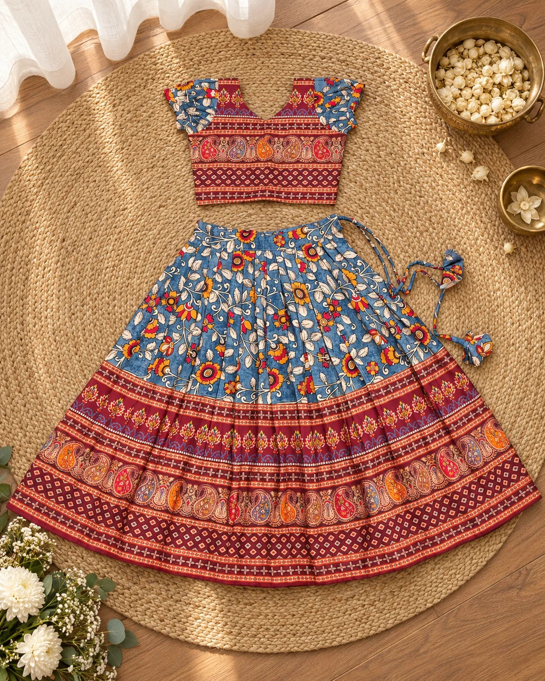 Girl wearing a blue and red girls lehenga choli set