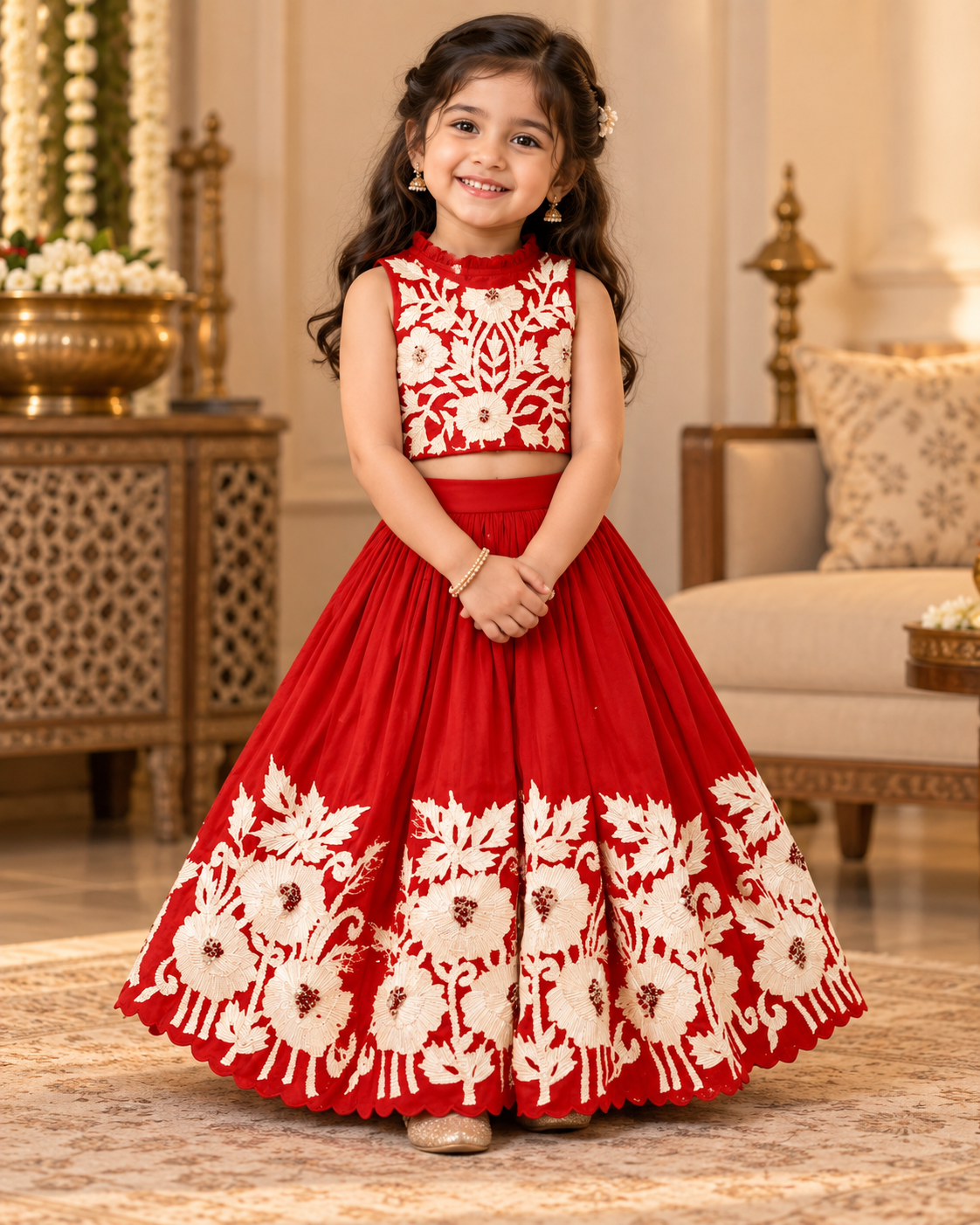 Girl in royal red embroidered lehenga set, front view