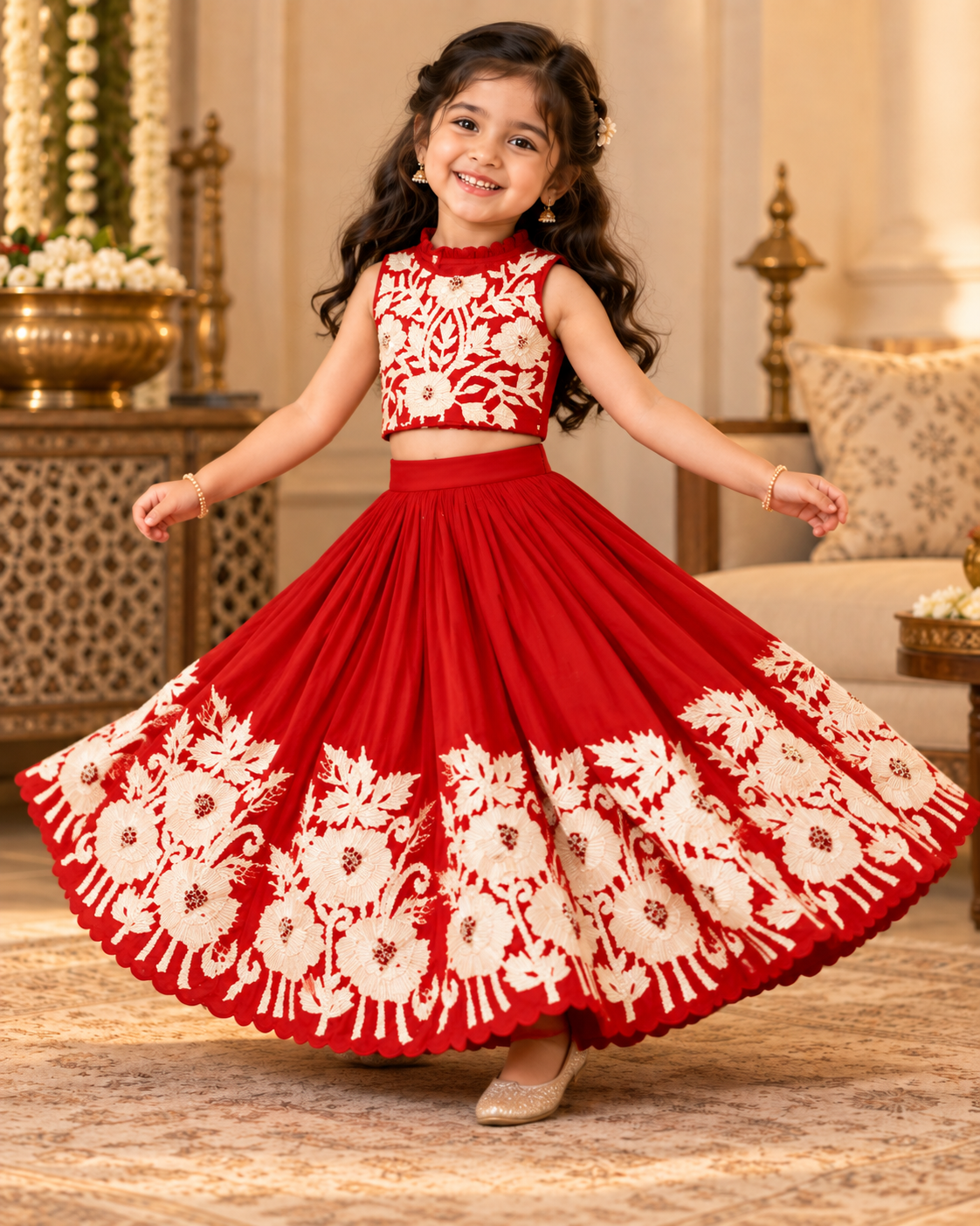 Girl in royal red embroidered lehenga set, standing front view
