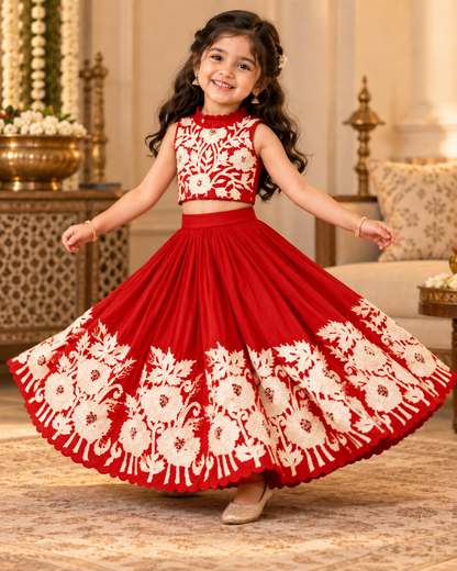 Girl in royal red embroidered lehenga set, standing front view
