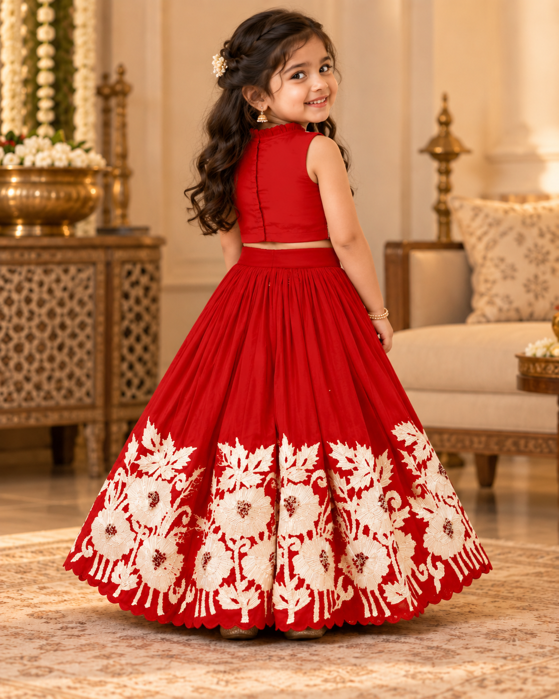 Girl in royal red embroidered lehenga set, back view