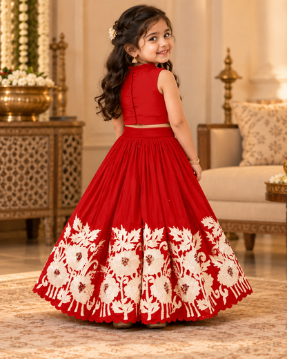 Girl in royal red embroidered lehenga set, back view
