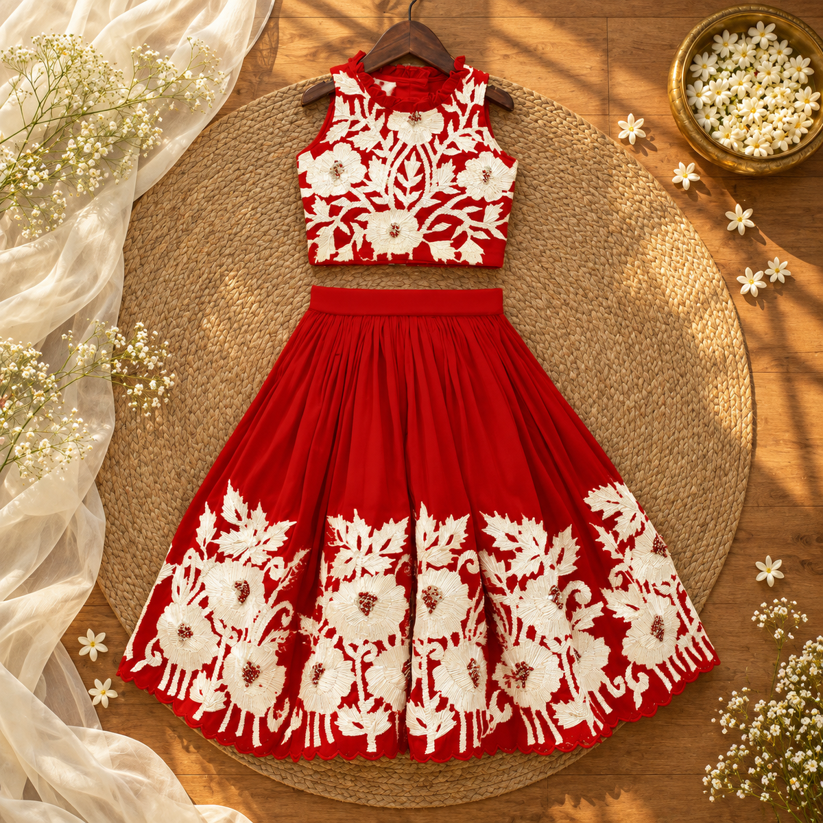 Royal red embroidered lehenga set laid flat