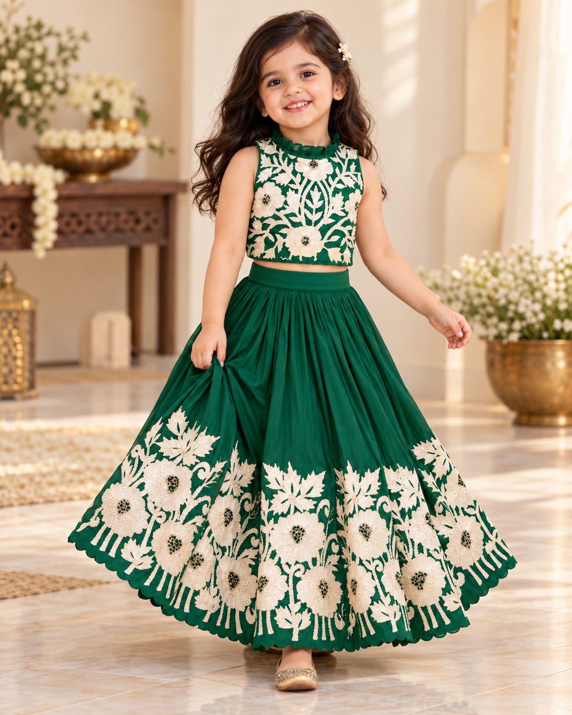 Girl in royal green embroidered lehenga set, front view