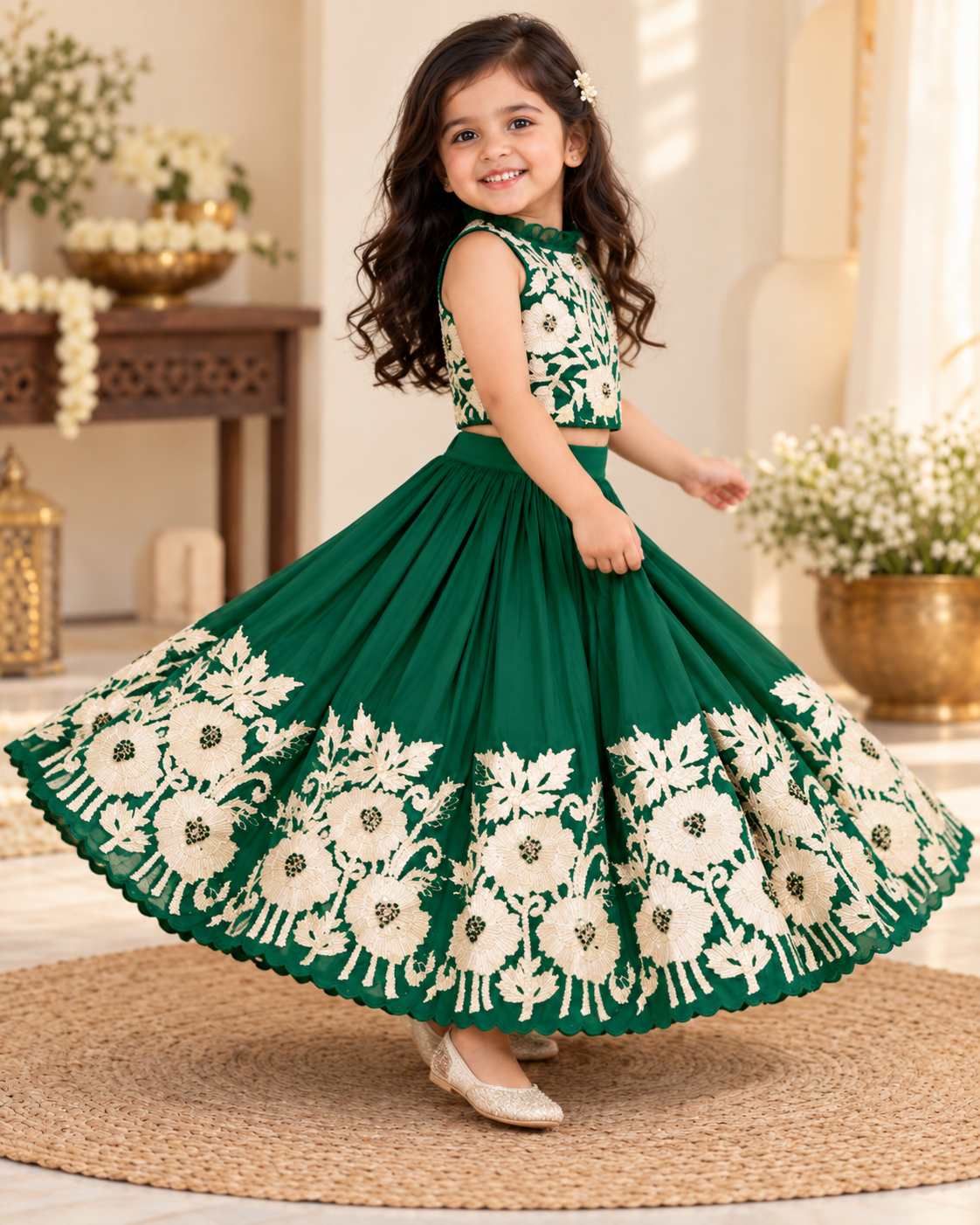 Girl in royal green embroidered lehenga set, standing front view
