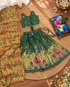 Girls Dark Green & Mustard Printed Lehenga Choli Set with Dupatta