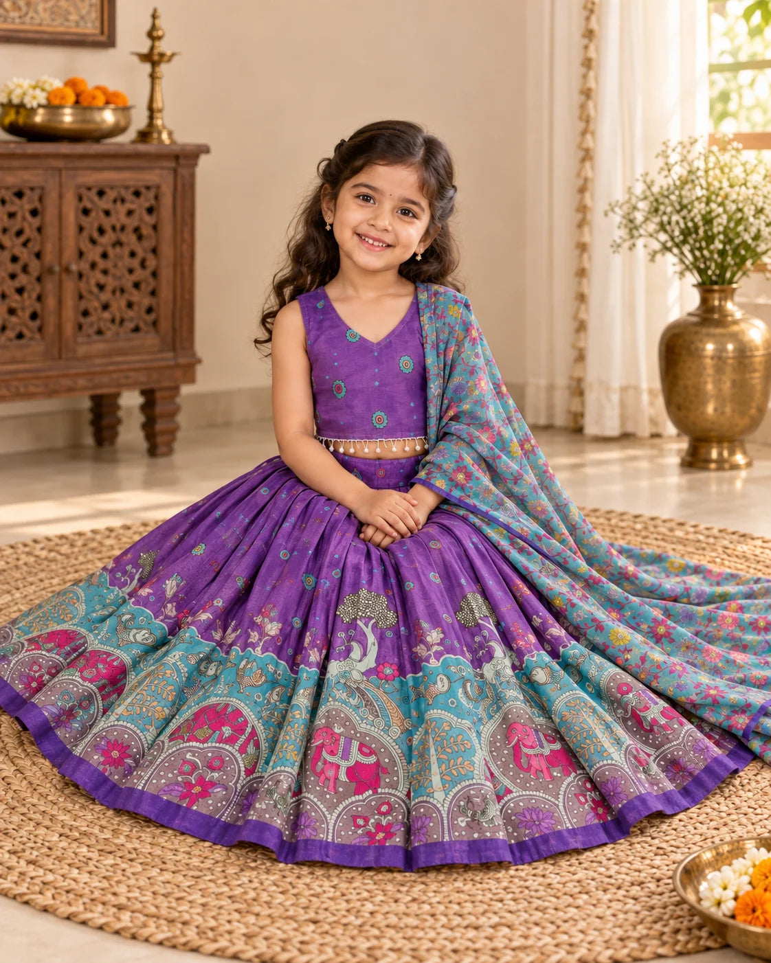 Girl wearing a purple lehenga choli set with turquoise dupatta