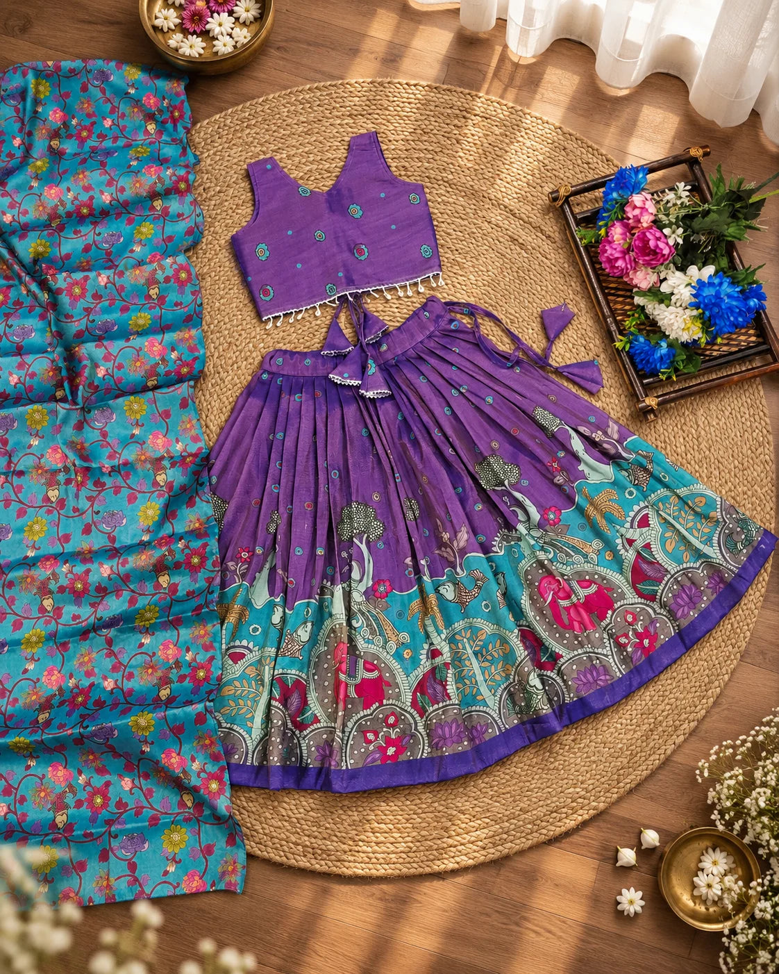 Purple and turquoise girls lehenga choli set displayed flat