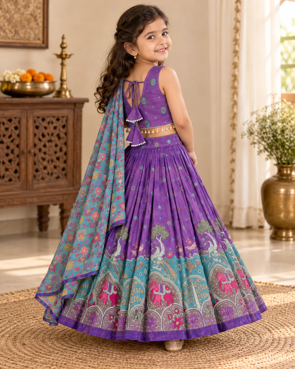 Girl sitting in a purple and turquoise printed lehenga choli set