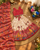 Girls Cream & Red Printed Lehenga Choli Set with Dupatta