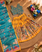 Girls Mustard Yellow & Teal Printed Lehenga Choli Set with Dupatta