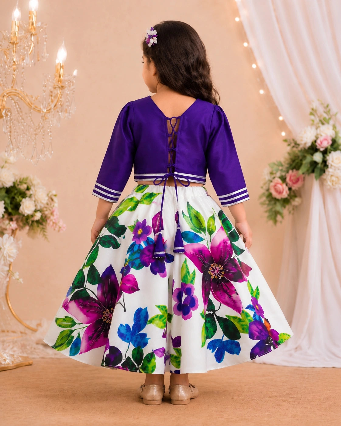 Girls Purple Floral Lehenga Choli Set – Festive Ethnic Wear for Kids
