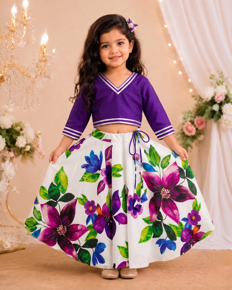 Girls Purple Floral Lehenga Choli Set – Festive Ethnic Wear for Kids